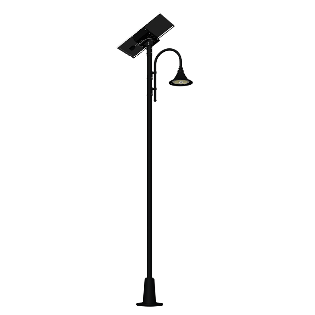 SOLTECH ORINDA solar decorative area light in black finish on a decorative pole with a side view.