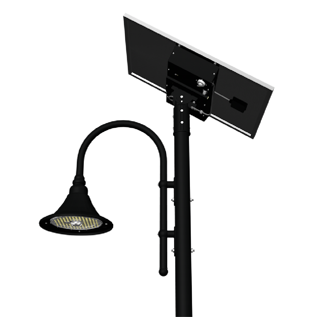 SOLTECH ORINDA solar decorative area light in black finish on a decorative pole with a close up side view.