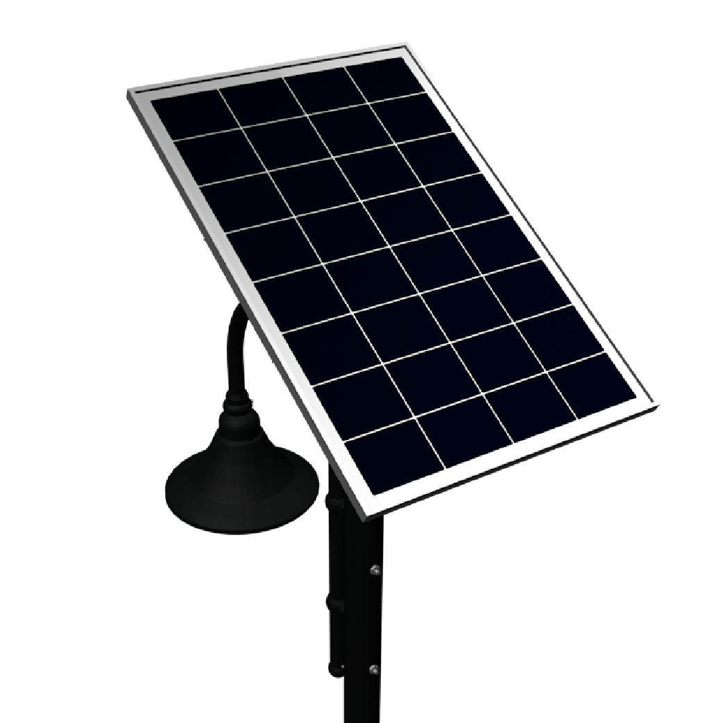 SOLTECH ORINDA solar decorative area light in black finish on a decorative pole with a close up view of solar panel.