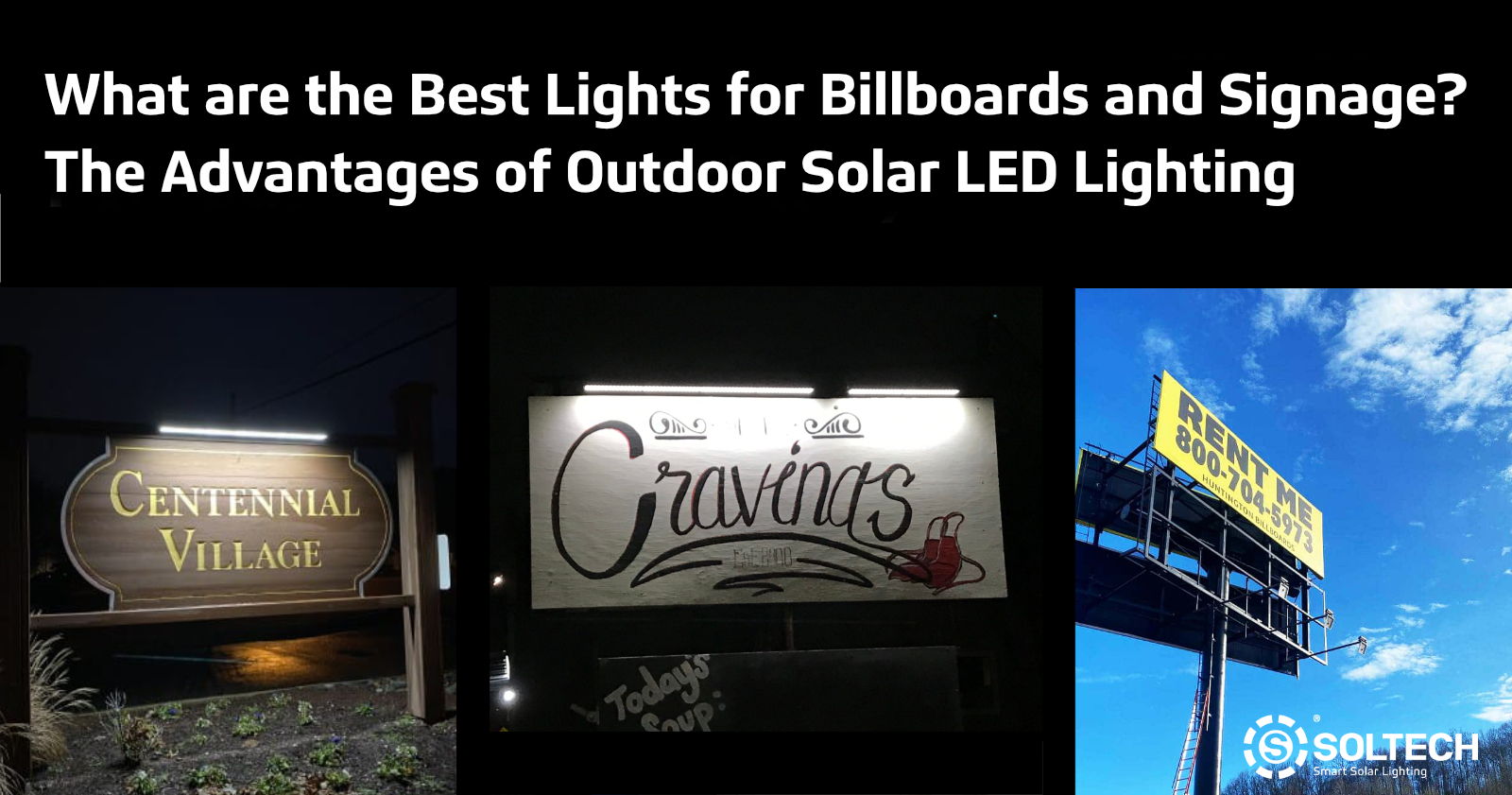 A composite image showing examples of solar billboard lights.