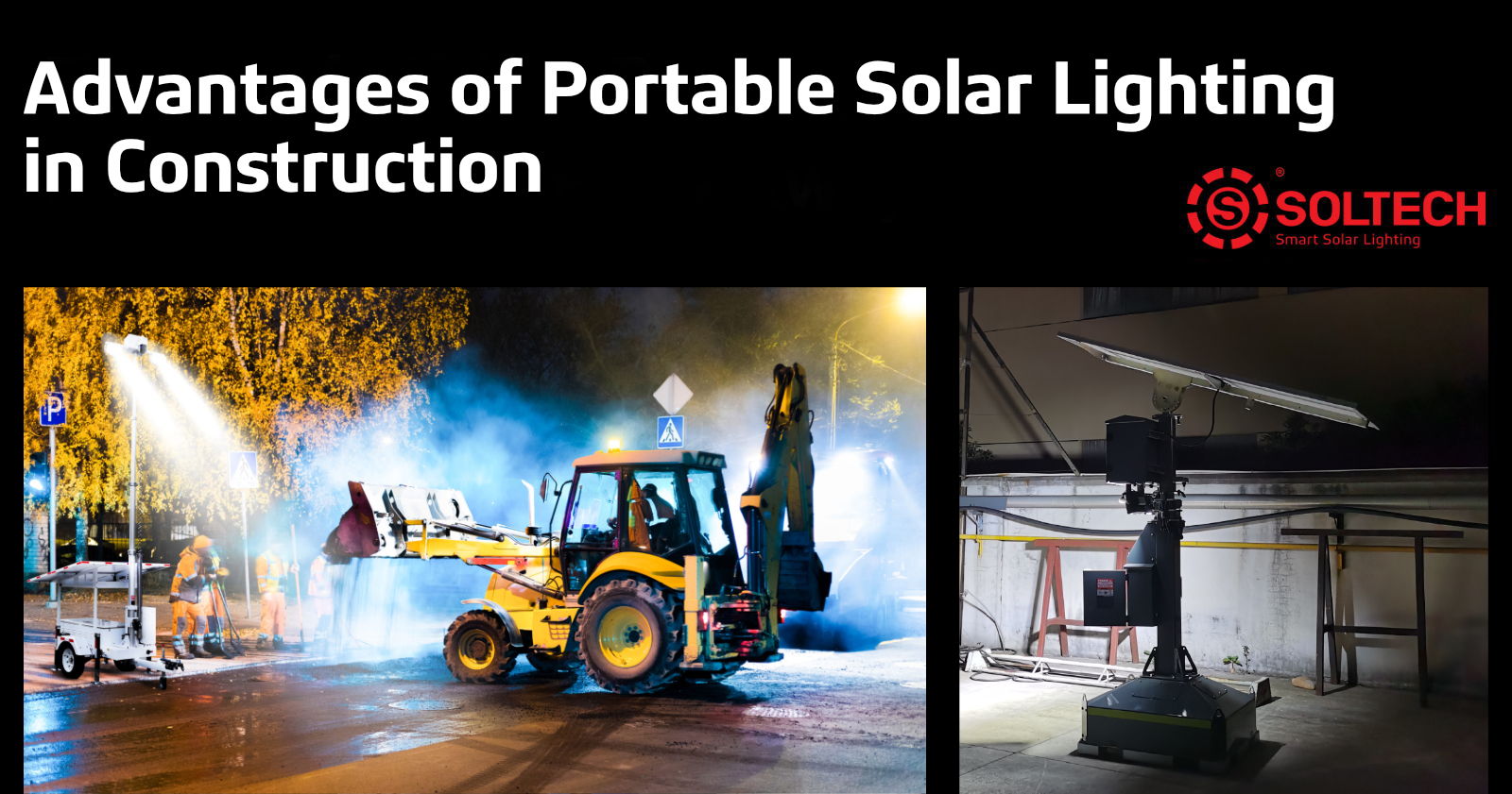 A composite image showing two portable solar lights at construction sites.