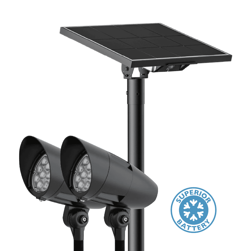 SOLTECH SPOTLINE solar flag light in a black color finish with a cold battery icon.